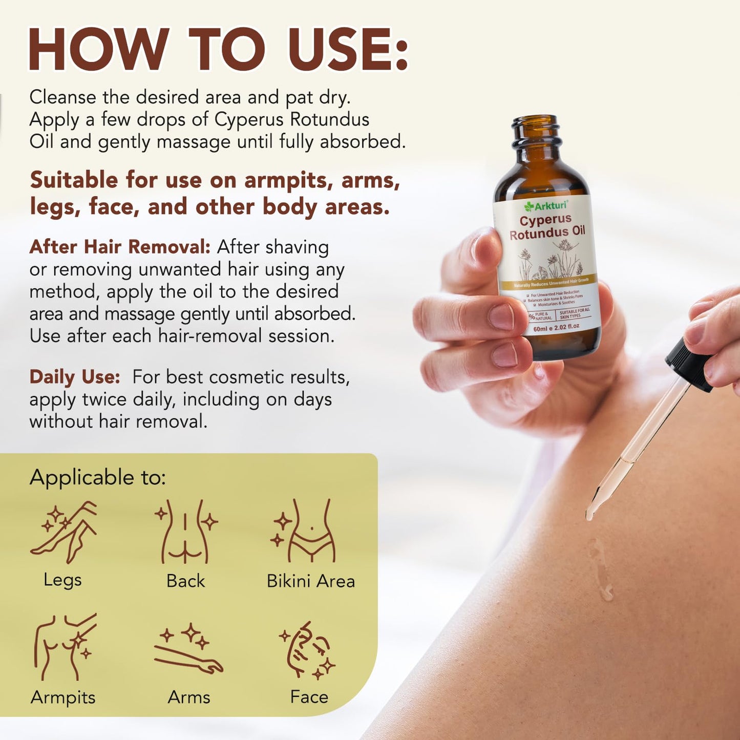 Cyperus Rotundus Oil, Cyperus Rotundus Oil for Hair Removal, Reduces Unwanted Hair Growth, Moisturizing & Soothing, Natural Inhibitor to Reduce Body Hair Growth, Shrink Pores