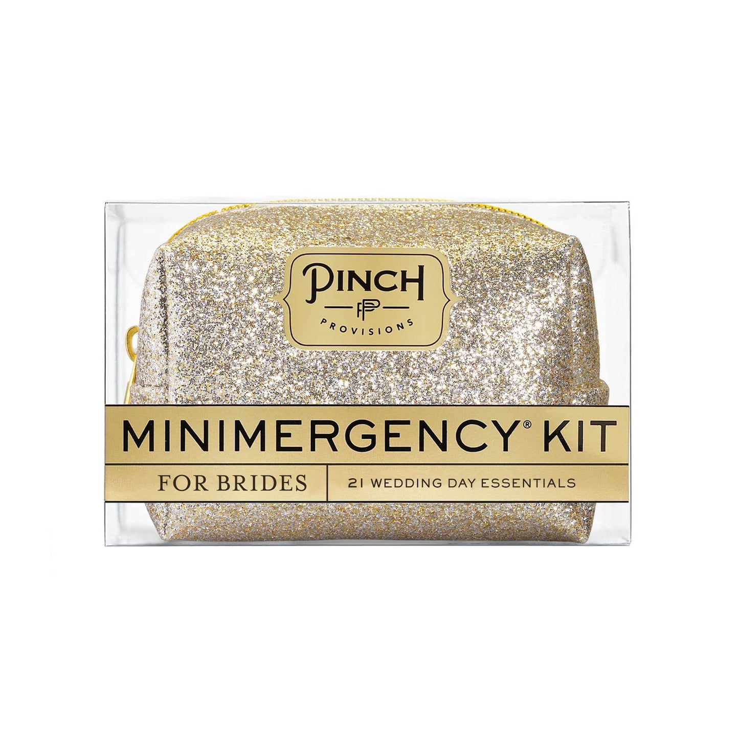 Pinch Provisions Champagne Glitter Minimergency Kit for Brides, Includes 21 Must-Have Essential Items for The Big Day, Compact, Multi-Functional Zipper Pouch, Perfect Survival Kit for Team Bride