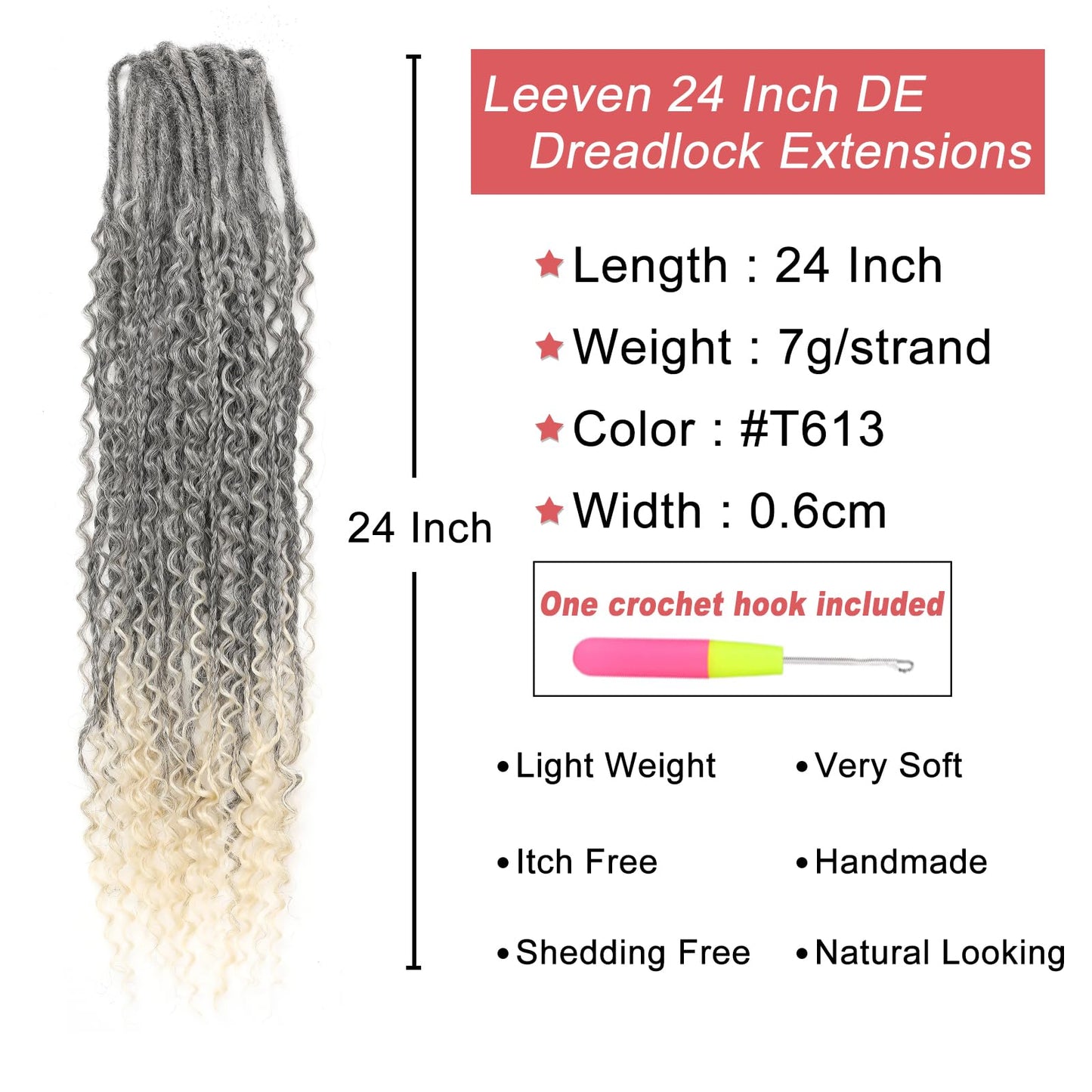 Leeven Boho Synthetic Dreadlock Extensions 24 Inch Ombre 613 Blonde Double Ended Dread Extensions 10 Strands Handmade Boho Box Braids Wavy Curly Ends Braid in Handmade Thin Wool DE Dreads for Women