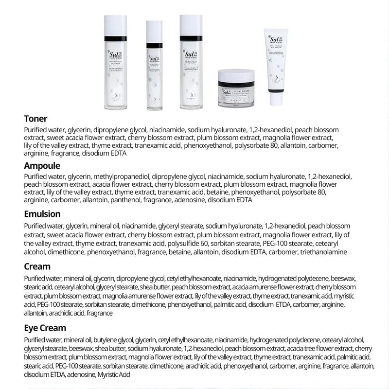 Sulhee Real White Skincare 5-piece Set | Facial care Kit, Moisturizer | Toner, Emulsion, Cream, Ampoule, Eyecream
