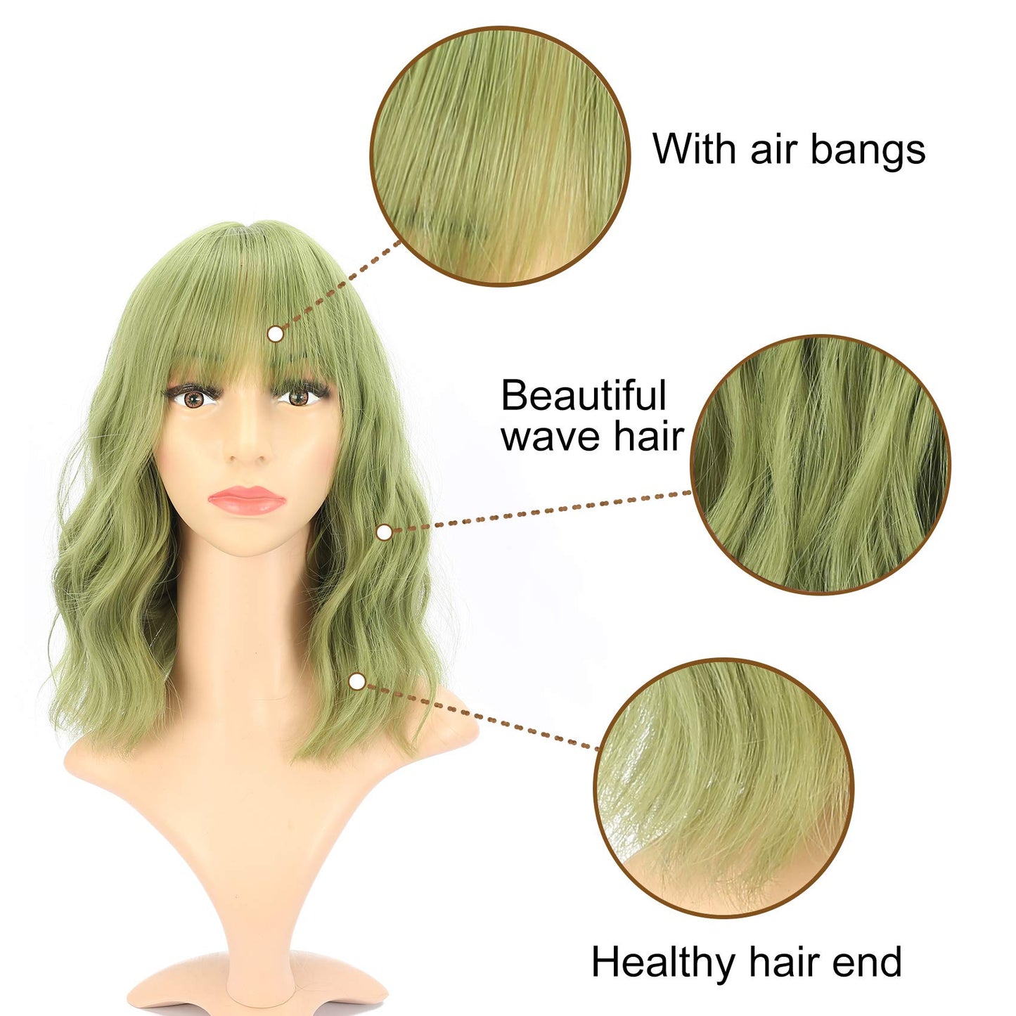 VCKOVCKO Natural Wavy Wig With Air Bangs Short Bob Matcha Green Wigs Women's Shoulder Length Wigs Curly Wavy Synthetic Cosplay Wig Pastel Bob Wig for Girl Colorful Wigs(12", Matcha Green)