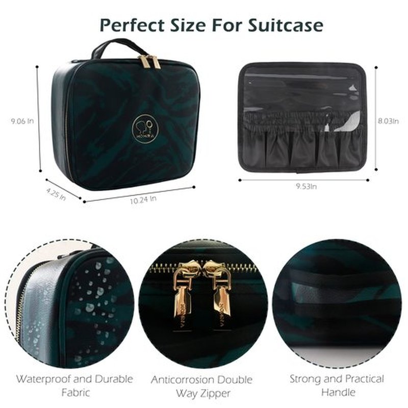 MOMIRA Travel Makeup Bag With LED Mirror,Train Case with Light up Mirror, Portable Makeup Artist Organizer Bag with Adjustable Dividers, Makeup Brush Holder Storage(Zebra Green)
