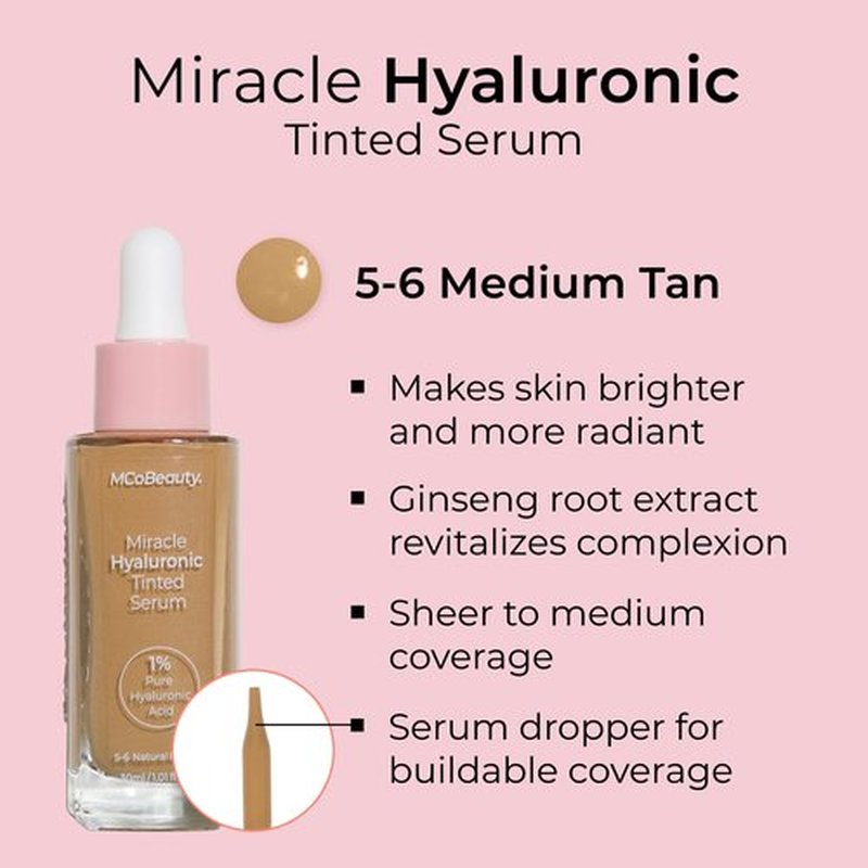 MCoBeauty Miracle Hyaluronic Tinted Serum, 5-6 Medium/Tan, Hydration & Glow for Radiant Skin, Vegan, Cruelty Free Cosmetics