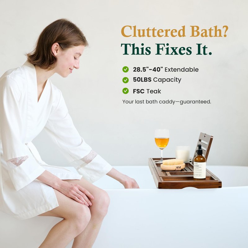 Realgulf Teak Bathtub Tray, Bath Caddy with Wine Glass Holder, Phone Dock & Book Stand | Hands-Free Reading & Ultimate Spa Relaxation Experience-Brown