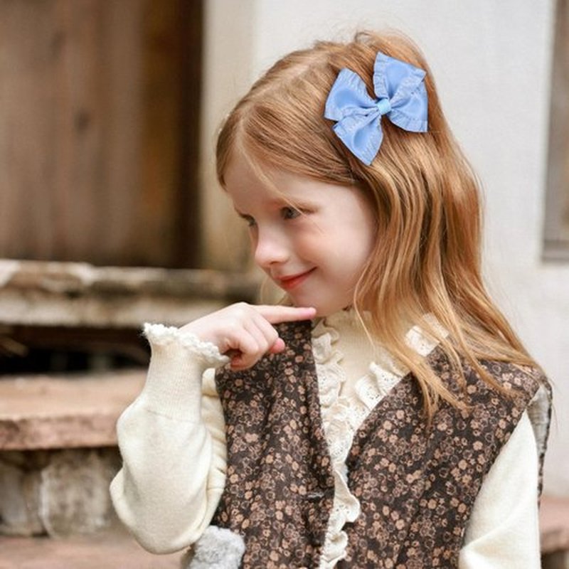 2pcs Antique Blue Satin Ruffle Edge Ribbon Bow Hair Clips 3in Silky Satin Bow-knot Alligator Barrettes Hairpins Ponytail Holder Accessories for Little Girls Toddlers Teens Kids Child