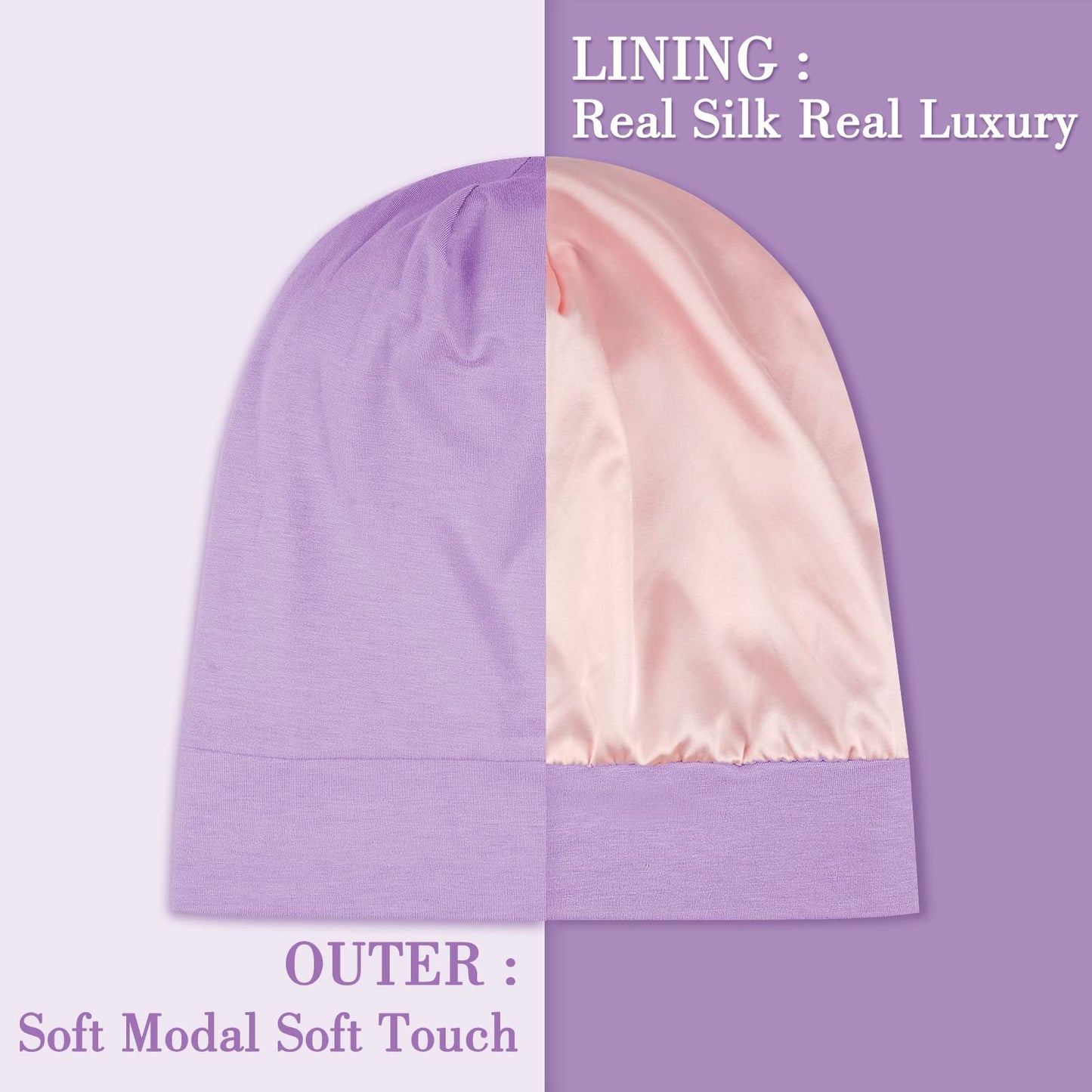 LULUSILK Mulberry Silk Bonnet for Sleeping Women, Real Silk Sleep Cap for Curly Hair and Braids, Pure Silk Head Wrap with Scrunchies, Lavender