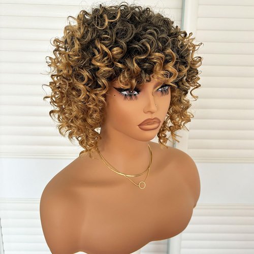 Short Loose Curly Afro Wigs 8 Inch Ombre Blonde Big Bouncy Kinky Curly Bob Wig with Bangs for Women Synthetic Heat Resistant Full Hair Wig