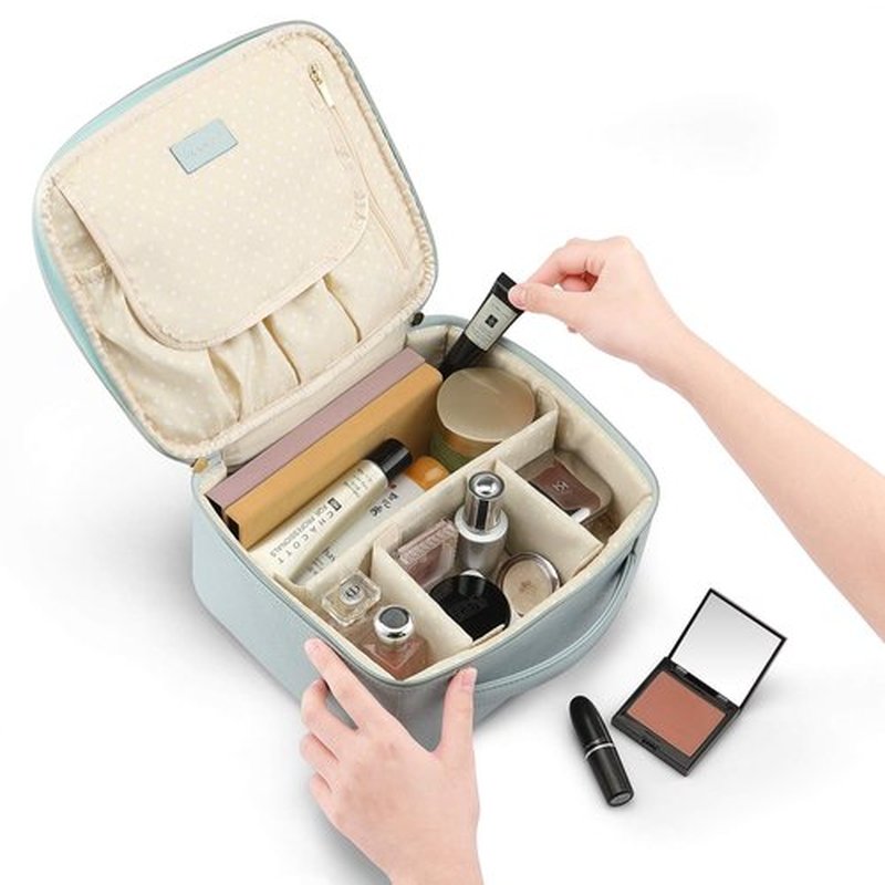 Vlando Travel Makeup Bag Faux Leather Large Make Up Bag Cosmetic Case Organizer Portable Makeup Travel Bag for Women with Adjustable Dividers for Makeup Brushes Digital Accessories (Blue)