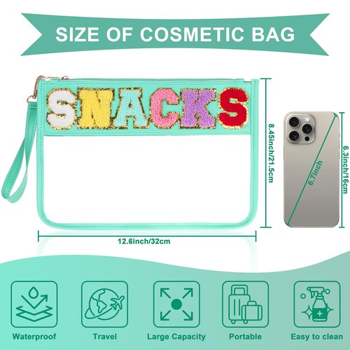 TESAFNG Snack Bag for Travel - Clear Chenille Varsity Letter Flat Pouch with Zipper, Waterproof Clear PVC&PU Preppy Patch Makeup Cosmetic tote Bags for Women (Green-Snacks)