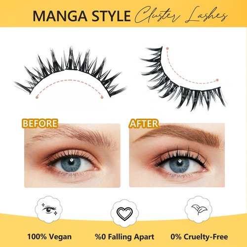 LANKIZ Manga Lashes, 112pcs Lash Clusters, DIY Lash Extesnions with Bottom Lashes, Natural Look Cosplay Manga Eyelashes,72 pcs Cluster Lashes with 40 pcs Bottom Lashes