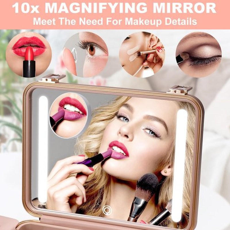Mocado Travel Makeup Case with Lighted Mirror, Makeup Box with 8 Makeup Brushes and 10x Magnifying Mirror,Cosmetic Case Adjustable Brightness Makeup Train Case with Makeup Brushes Divider(White)