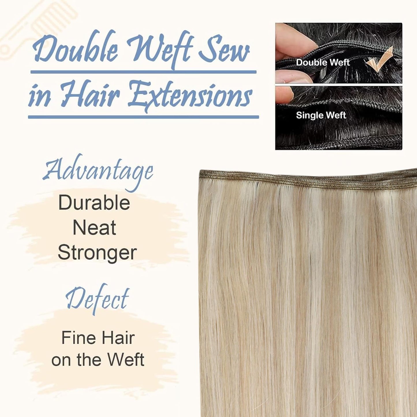 Easyouth Weft Hair Extensions Human Hair Sew in Hair Extensions Remy Hair Weft Ash Blonde Highlight Bleach Blonde Sew in Weft Hair Extensions Bundles 12 Inch 70 Gram