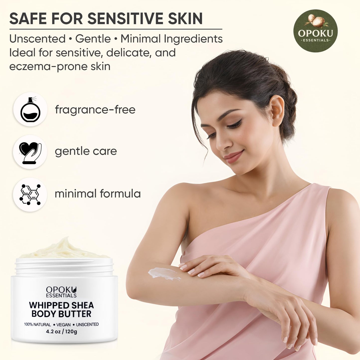 Opoku Essentials Whipped Shea Body Butter for Dry Skin & Sensitive Skin – 4oz Unscented with Ghanaian Shea Butter – 100% Natural, Vegan Moisturizing Cream
