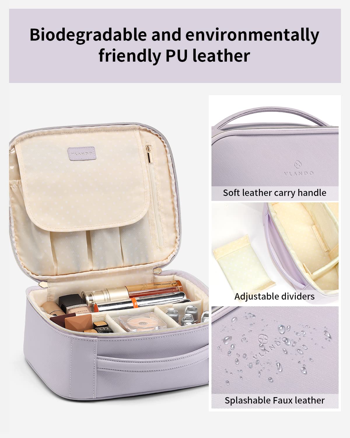 Vlando Travel Makeup Bag, Large Capacity Cosmetic Bag for Women PU Leather Makeup Case Organizer Portable Make up Bag with Dividers and Handle for Girls,Wedding,Makeup Brushes Purple