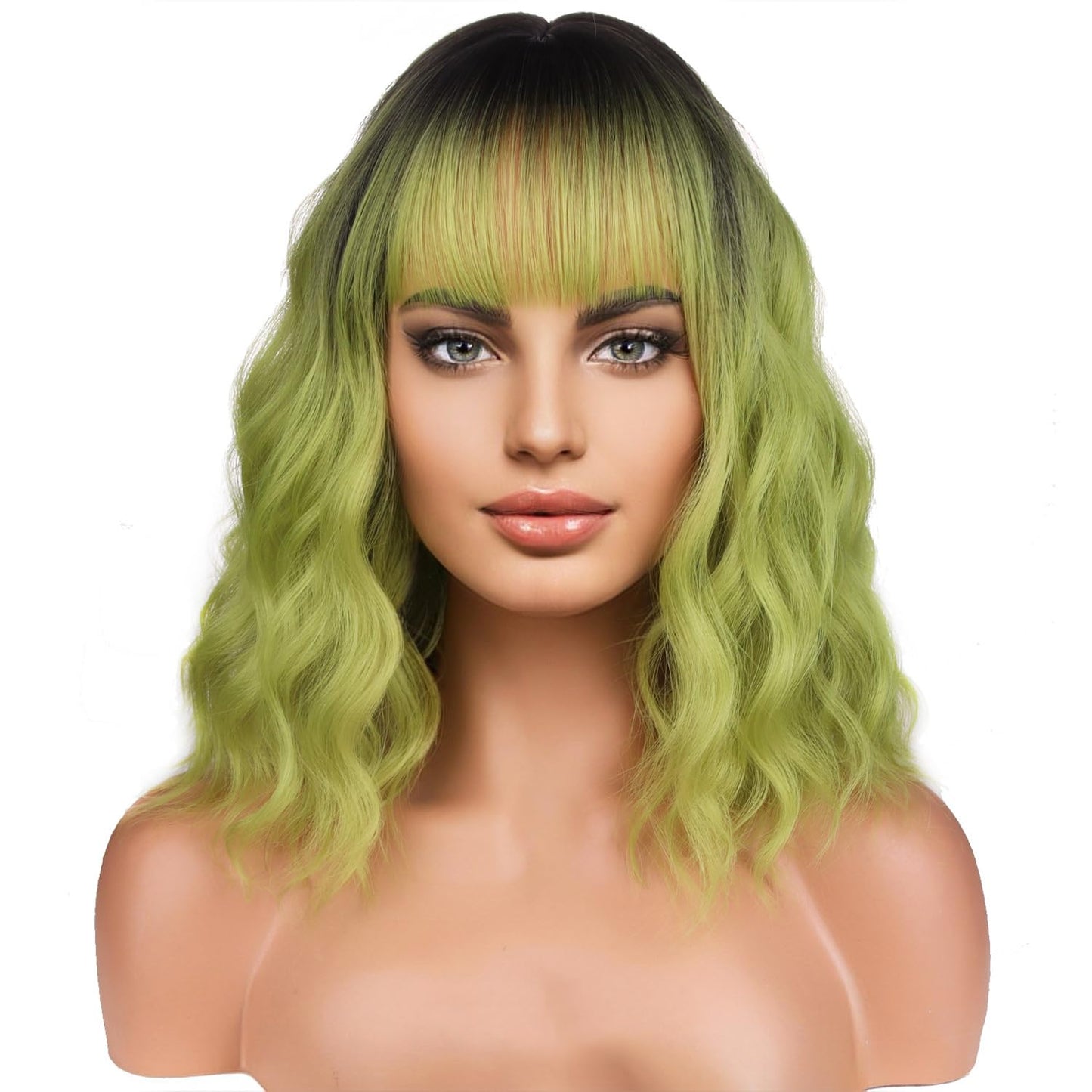 BERON 14 Inches Green Wig with Dark Roots Short Curly Wig Ombre Green Wigs with Bangs for Women Girls