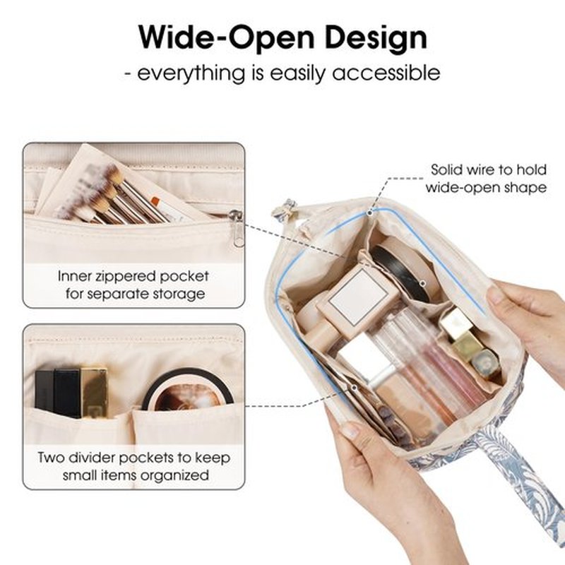 Narwey Large Women Makeup Bag Wide-open Make up Bag Travel Cosmetic Organizer Toiletry Bag for Cosmetics Toiletries Accessories (Blue Leaf)