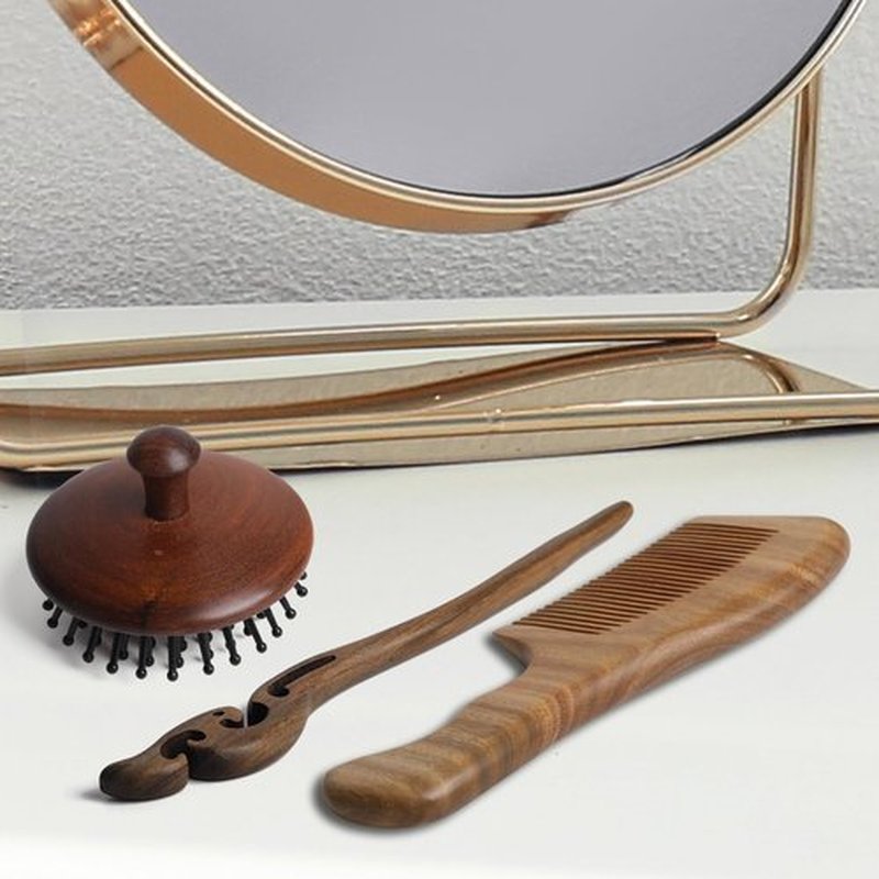 3PCS Wooden Hair Brush Air Cushion Comb Green Sandalwood Cute Hairpin with Storage Bag Portable Travel for Massaging Scalp Women Men Kids (Hairpin + Handle Comb + Circular Air Cushion Comb)