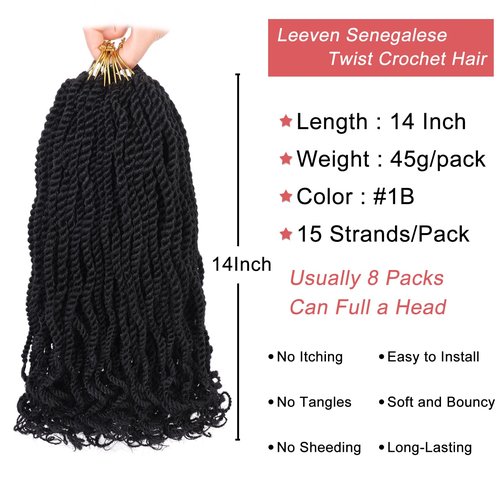 Leeven 14 Inch Wavy Senegalese Twist Crochet Hair with Curly Ends, 2 Packs Black Pre Looped Short Crochet Braids, Pre Twisted Small Hanava Twist, Synthetic Braiding Hair for Women Girl Kids