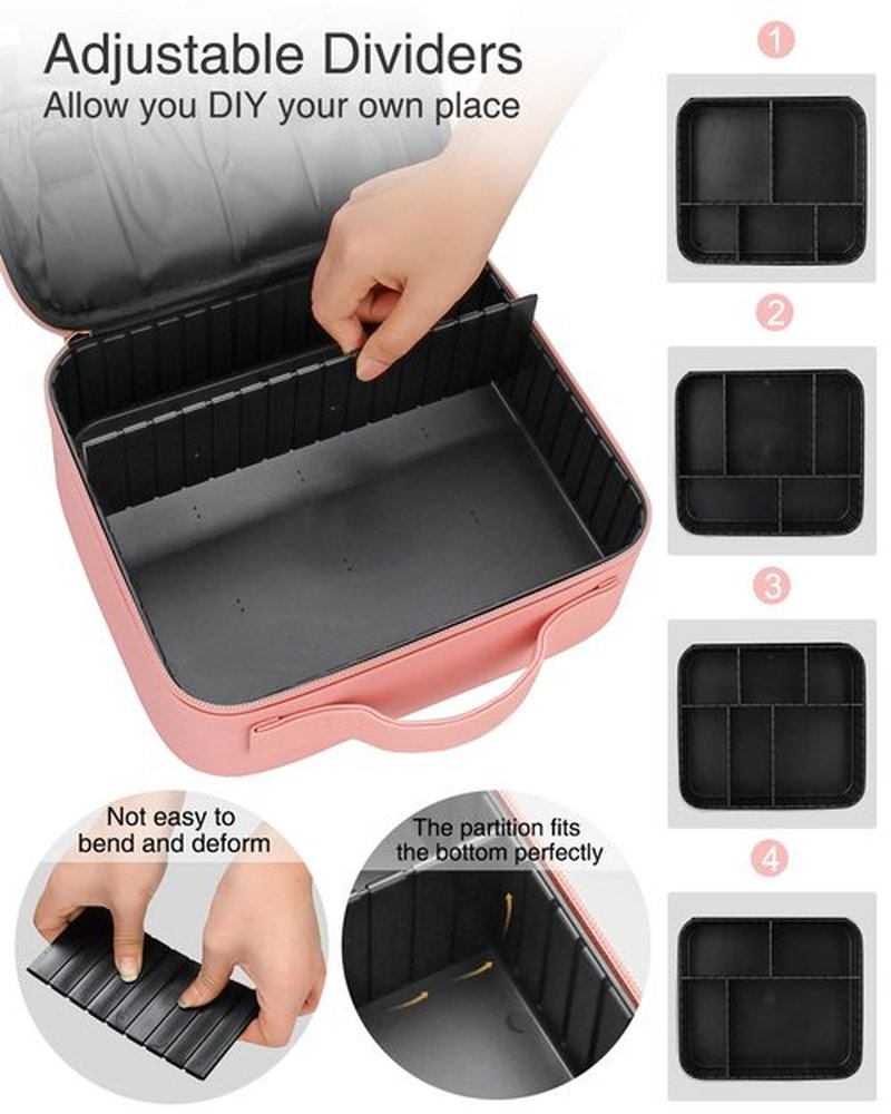 Relavel Travel Makeup Train Case Makeup Cosmetic Case Organizer Portable Artist Storage Bag with Adjustable Dividers for Cosmetics Makeup Brushes Toiletry Jewelry Digital (Pink with plastic dividers)