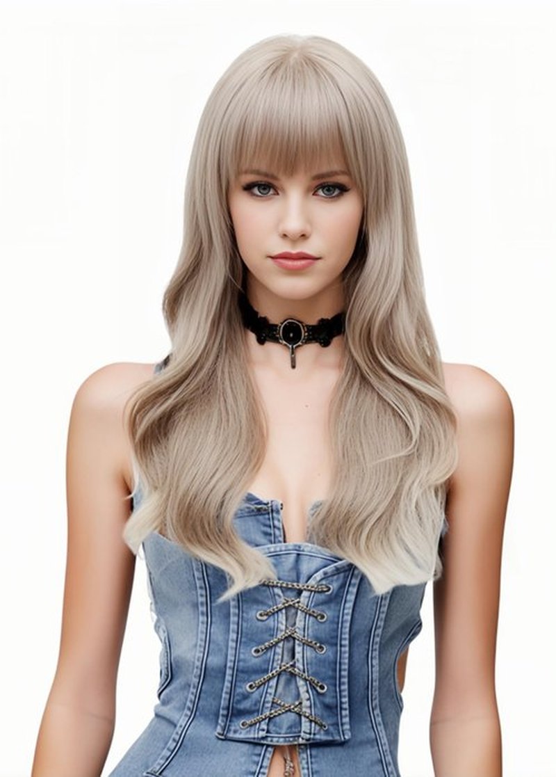Rugelyss Ash Blonde Gray Long Wigs Heat Resistant Synthetic Cosplay Wavy Wigs with Bangs for Women