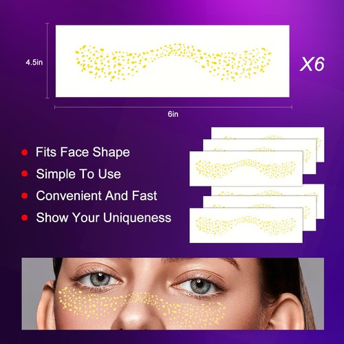 6 Pcs Gold Long Lasting Glitter Freckles, Cute Sparkle Makeup Patches, Waterproof Temporary Face Tattoo, Party Rave Glitter Makeup Accessories (Gold Pattern 2)