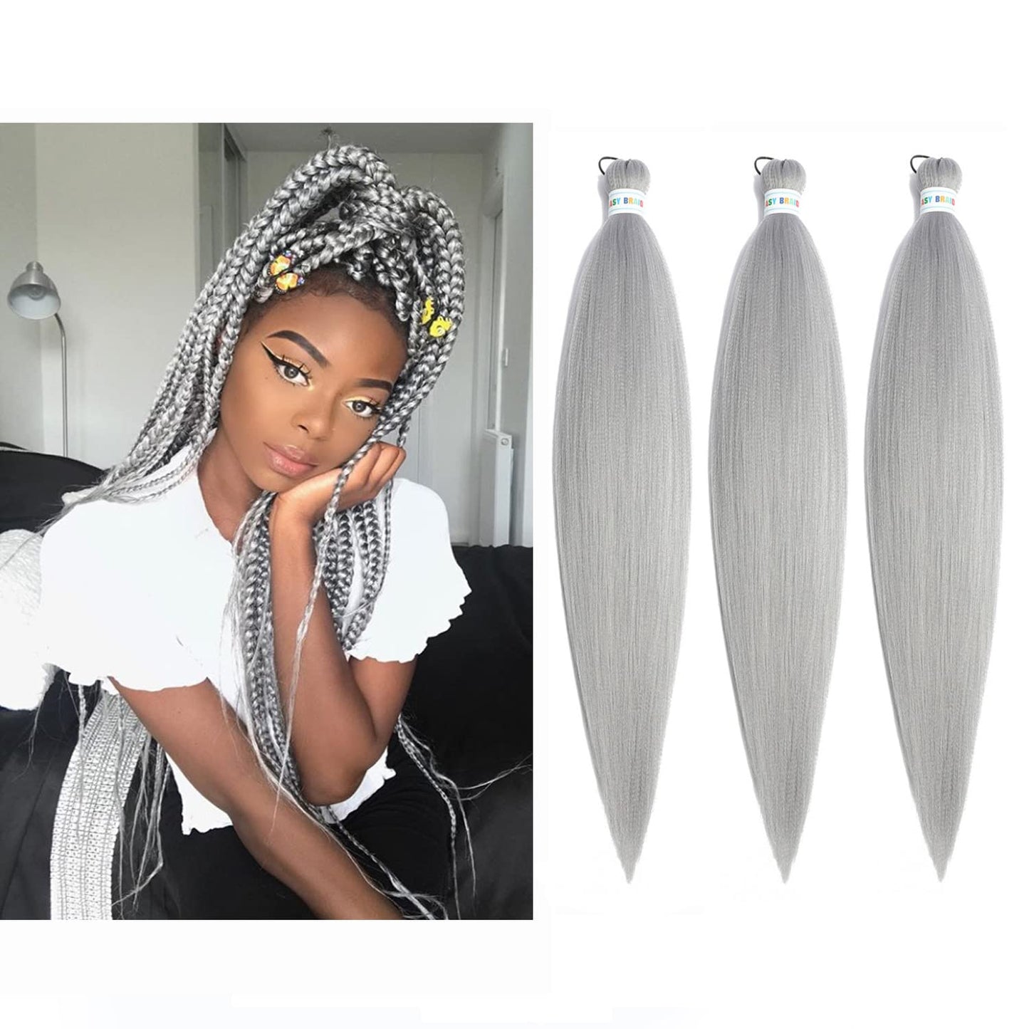 Newluyang Pre Stretched Braiding Hair, Synthetic Crochet Hair Braids,26 inch 3 Packs Hot Water Setting Professional Yaki Texture Crochet Hair Extension Braids. (26inch,Grey)