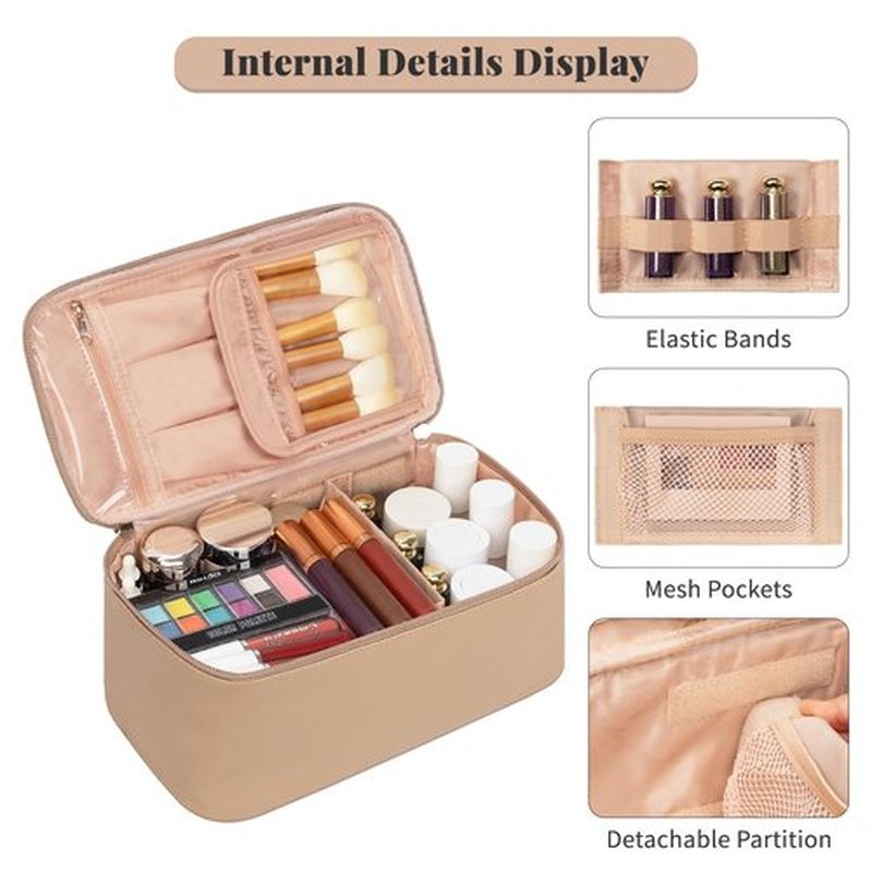 OCHEAL Makeup Bag, Travel Makeup Bag Waterproof Cosmetics Organizer Make Up Bag Case,Toiletry Bag for Women,Large Capacity for Girls Daily Use Dorm Room Storage with Dividers -Beige Apricot