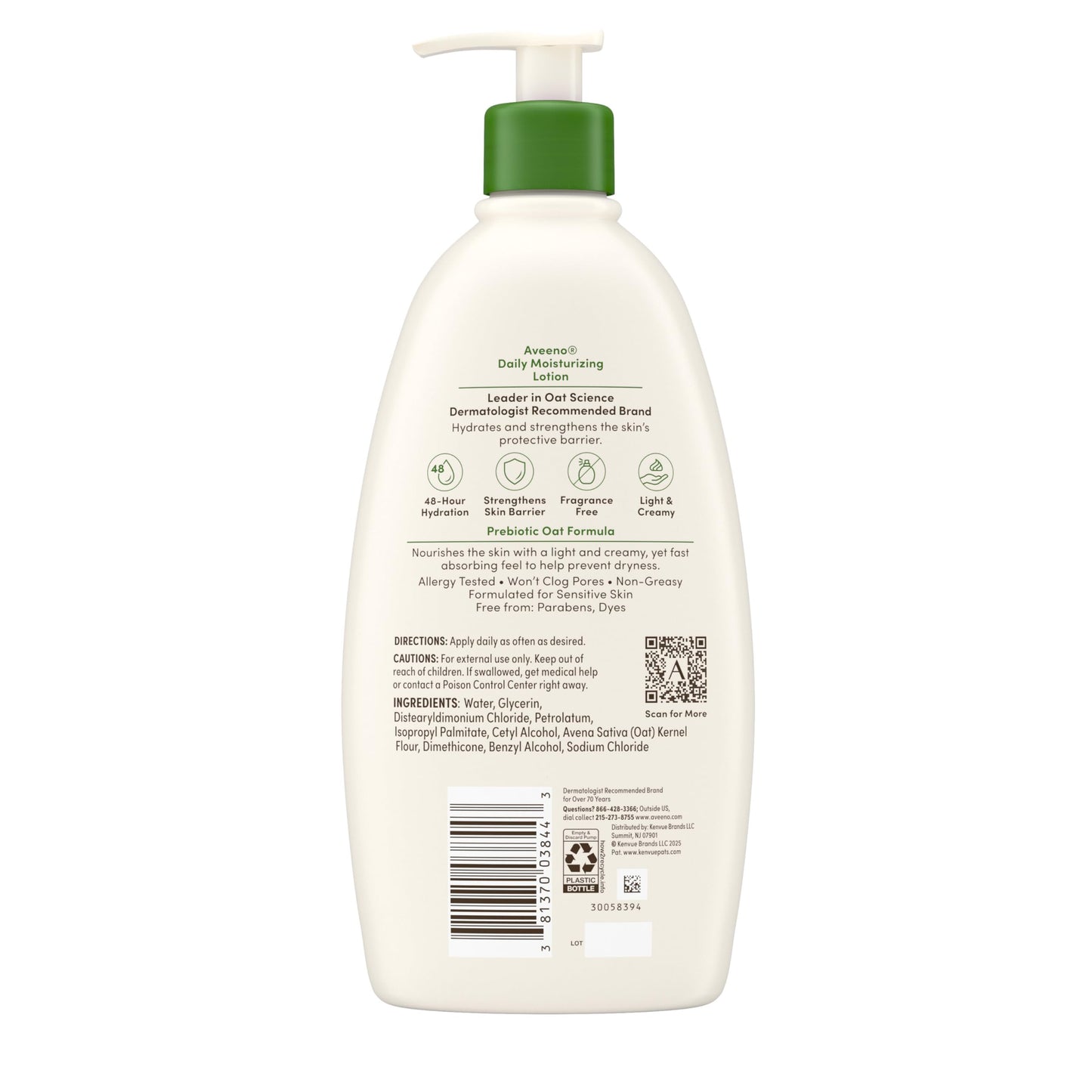 Aveeno Daily Moisturizing Body Lotion for Normal to Dry Skin, Moisturizer with Soothing Prebiotic Oat, Non Greasy, Non Comedogenic, Fragrance Free Body Lotion for Women & Men, 18 Fl Oz