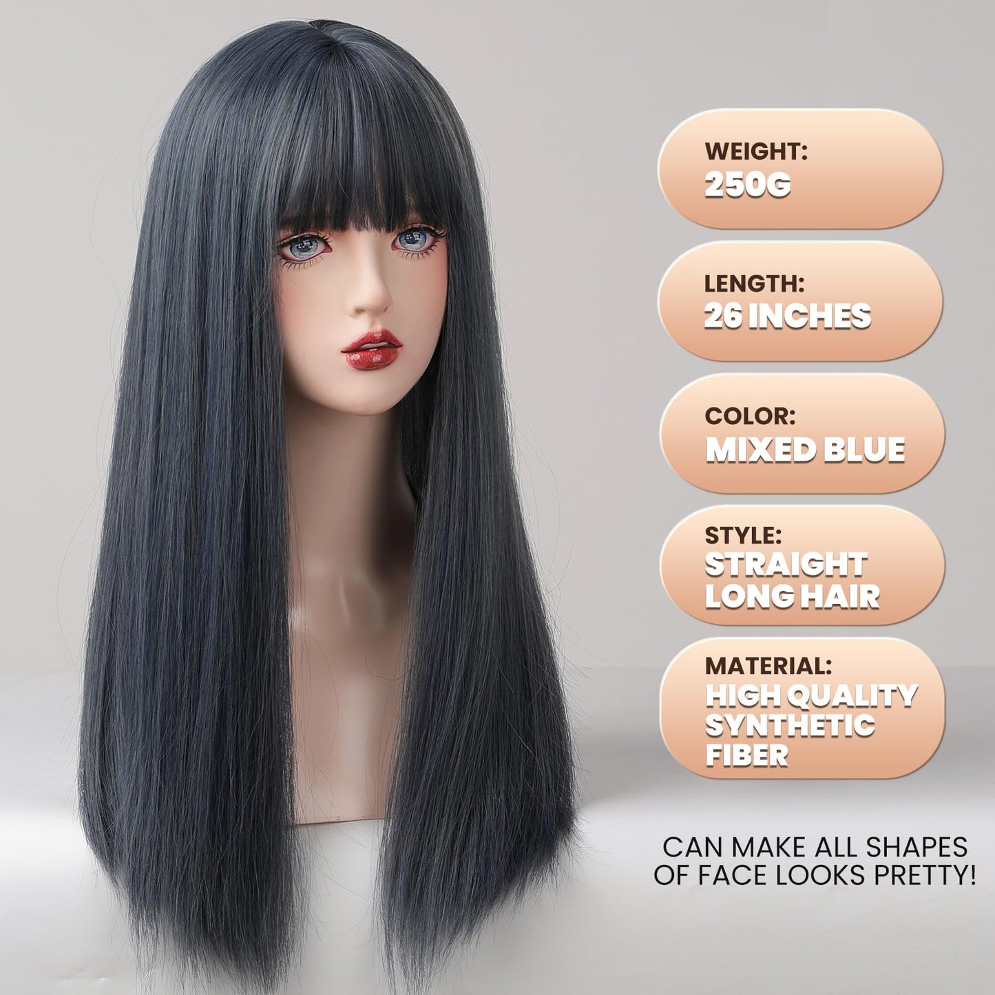 EMMOR Grey Blue Wig With Bangs For Women Long Straight Wigs Synthetic For Girls Halloween Party Cosplay And Daily Use(26" Mixed Blue)