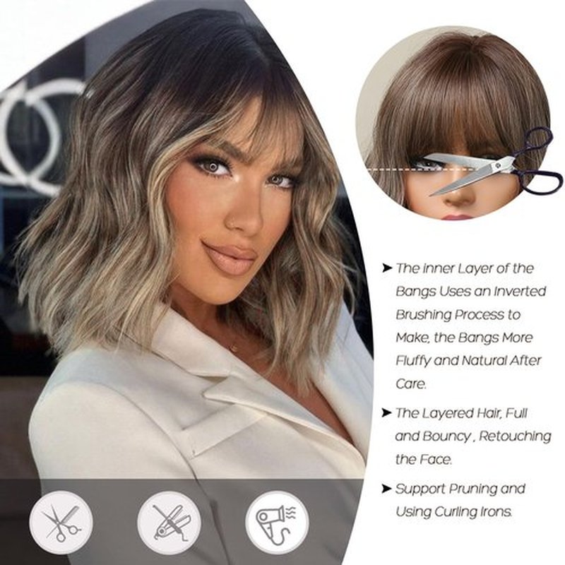 Allbell Brown to Blonde Wigs for Women Short Wavy Bob Wig with Bangs for Women Synthetic Short Curly Wave Wigs Heat Resistant Fiber Hair Wigs for Daily
