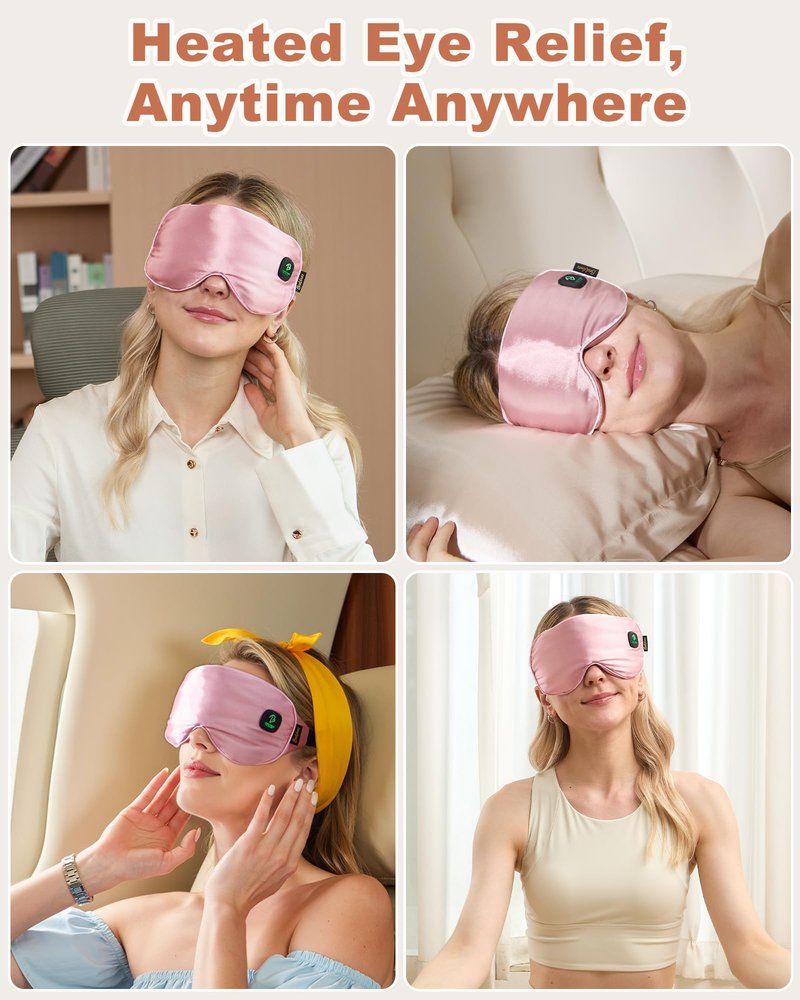 BeeVines Cordless Heated Eye Mask for Dry Eyes, Washable Heat Eye Masks for Blepharitis, Warm Eye Compress for Men & Women, 1500mAh Rechargeable Eye Warmer with Travel Pouch(Pink)