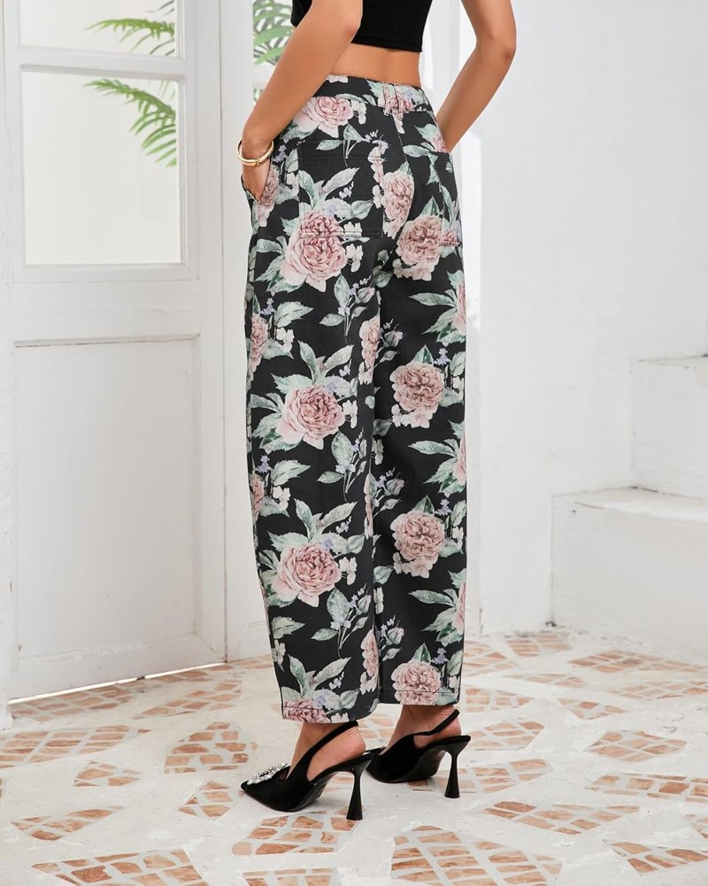 Floral Embroidered Barrel Jeans for Women - Wide Leg Mid Rise Boyfriend Denim Pants with Pockets | Ankle Length