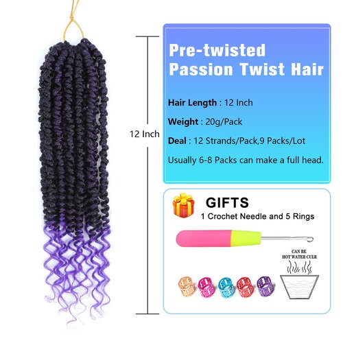Pre-twisted passion twist hair Purple, 12 Inch 9 Packs Pretwisted Passion Twist Crochet Hair,Soft Pre Looped Curly Ombre Brown Crochet Hair For Women,Short Crochet Braids(12",Tpurple#)
