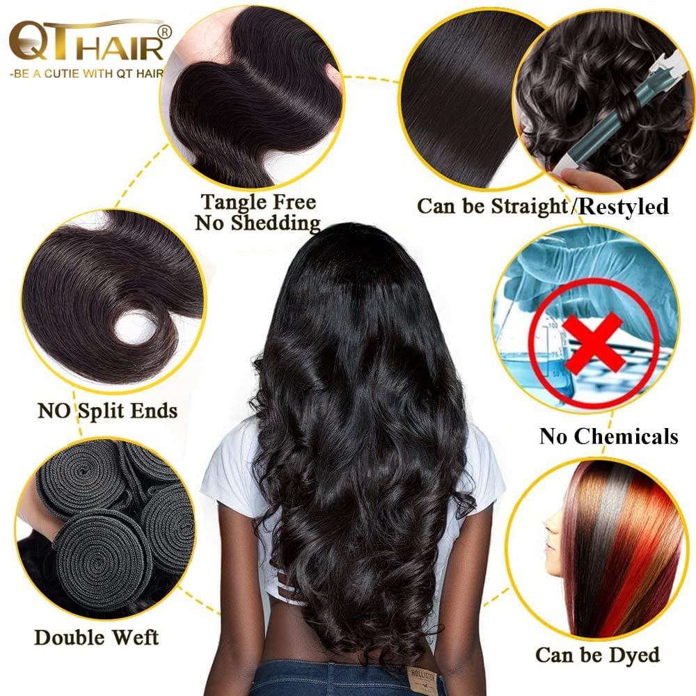 QTHAIR 16A 3 Bundles Brazilian Body Wave Virgin Hair 20" 20" 22" Natual Color 300g 100% Unprocessed Brazilian Human Hair Body Wave