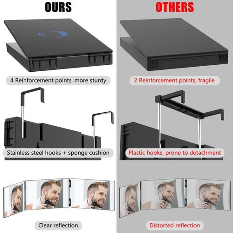 OLIBUY 3 Way Mirror for Hair Cutting, Tri-fold Mirror for Shaver and Makeup, Height Adjustable with Two Hold Nails Self Haircut Mirror can as a Gift for Men or Women