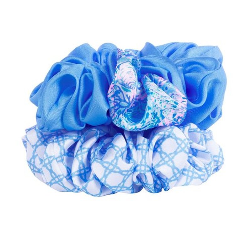 Lilly Pulitzer Blue Scrunchie Set, 2-Pack Satin Scrunchies, Cute Hair Ties for Women and Girls, Soleil It On Me