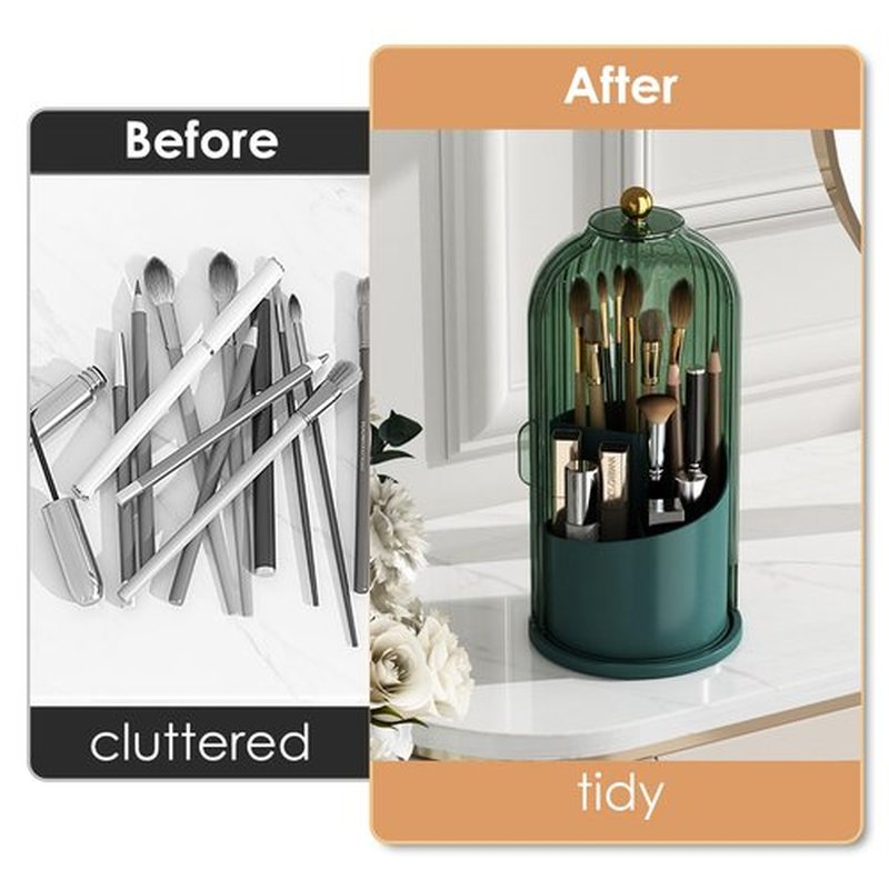 YOOLENS Makeup Brush Holder Organizer with Lid,360 Rotating Clear Dustproof Makeup Brushes Organizer for Vanity Desktop Bathroom Countertop, Green