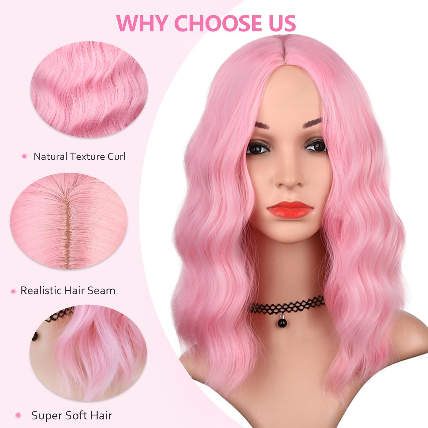 BEAUTIFA Pink Wig for Women Wavy Curly Light Pink Bob Wigs Middle Part 14 Inch Shoulder Length Heat Resistant Synthetic Colorful Wig
