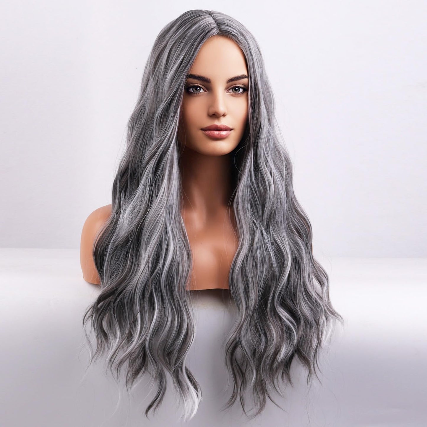 BERON Grey Wig Long Wavy Wigs Mix Gray Wigs for Women Highlight Silver Wavy Wigs Gray Long Curly Wig