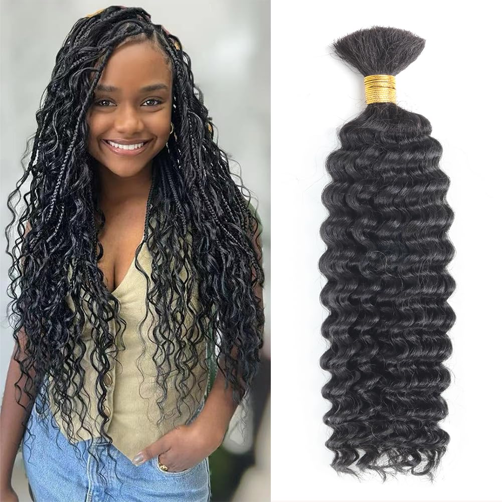 Human Braiding Hair Deep Wave Bulk Human Hair for Braiding 1 Bundle 50g Wet and Wave Deep Curly Braiding Hair for Boho Braids Brazilian Virgin Human Hair Extensions Natural Color