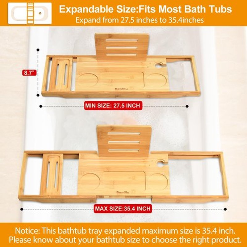 Luxury Bathtub Caddy Tray - Bath Tray Expandable - Bath Tub Tray Table for Bathtub - Bath Caddy Tray for Bathtub, Ajustable Size, Fits Most Tubs