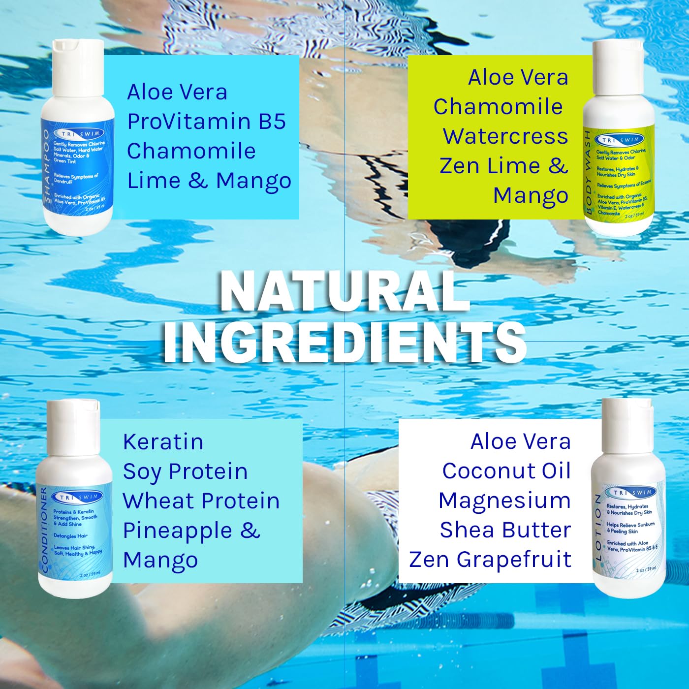 TRISWIM Shot Set in Travel Bag | 2oz Travel Size Chlorine Removal Shampoo, Swimmer’s Conditioner, Swim Body Wash and Lotion | Removes Chlorine, Bromine, Hard Water Minerals & Saltwater and odors