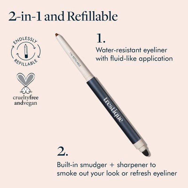 TRE'STIQUE Eyeliner, Refillable Eyeliner Pencil With Built-In Smudger And Sharpener, Clean Beauty Eye Pencil, Sustainable 2-In-1 Eye Liner