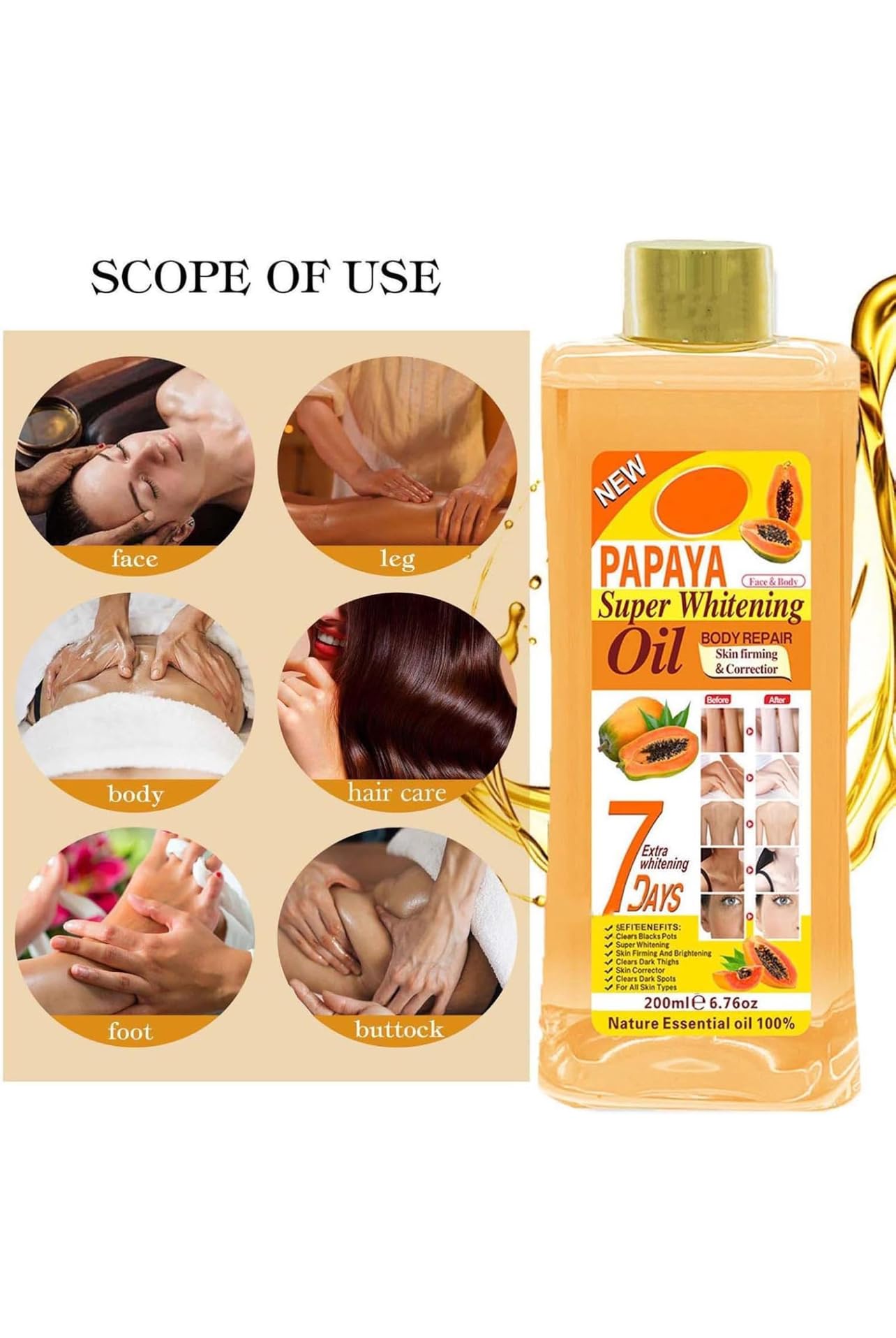 Soft 7 papaya Oil, Natural Moisturizing Oil for Face and Body, All Skin Types 6.7oz /200ml