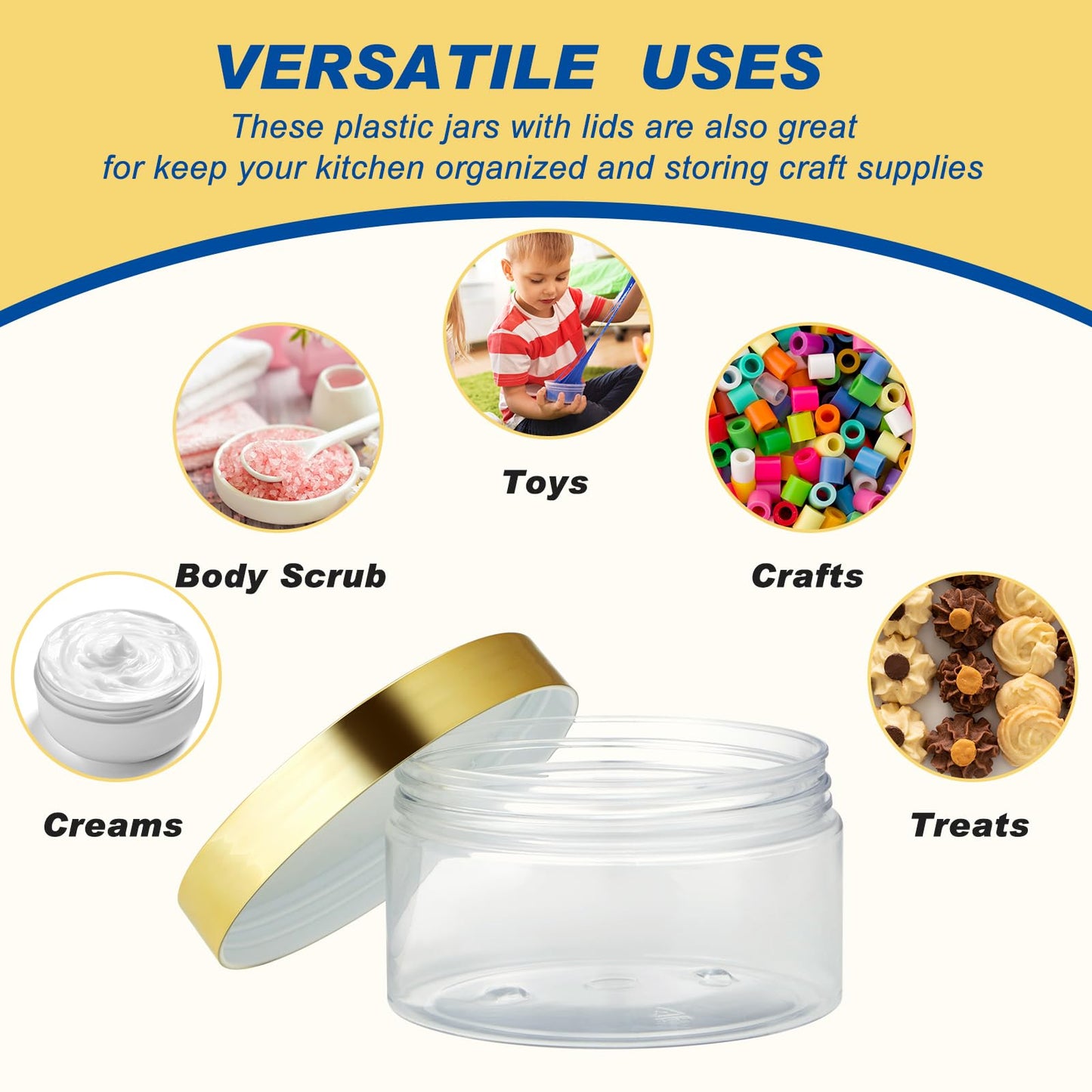 Dandat 24 Pcs 2/4/6/8/10/12oz Plastic Clear Jar Container with Gold Lid and Label, Empty Round PET Cosmetic Jars for Lotion, Cream, Body Butter, Sugar Scrub, Slime (8oz, Clear Jar with Gold Lid)