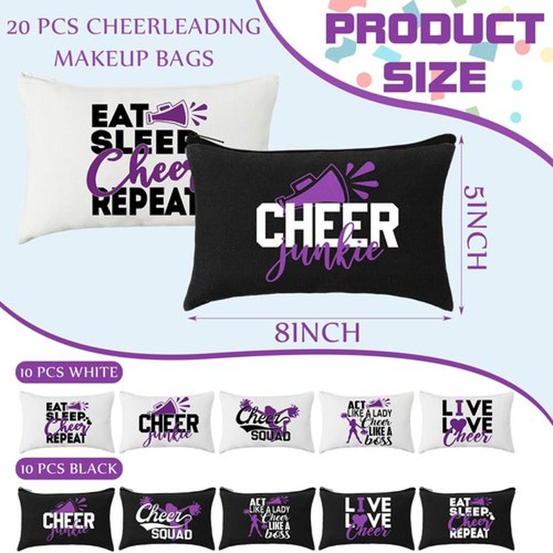 Pinkunn 20 Pcs Cheer Makeup Bags Bulk Cheerleader Gifts for Women Canvas Cheer Cosmetic Pouch Toiletry Zipper Makeup Case Cheerleading Portable Travel Pouch Cheer Team Accessories (Purple)