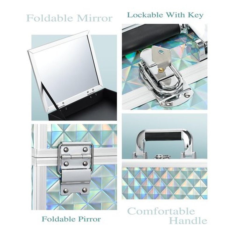 Joligrace Makeup Box 11.6-Inch Cosmetic Train Case for Women Travel Jewelry Organizer with Compartments & Mirror Portable Lockable Make-up Trunk Turquoise