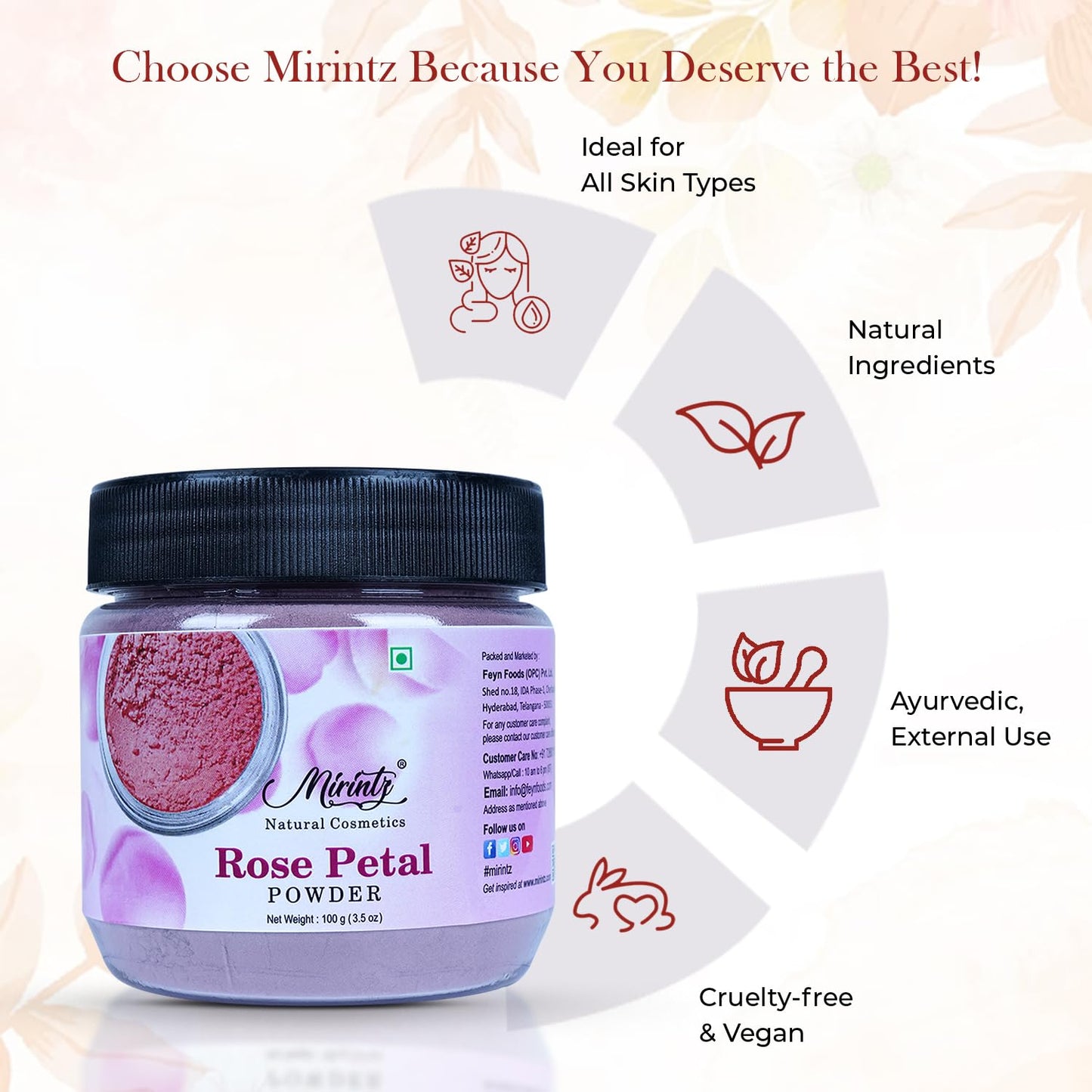 Mirintz 100% Natural Dried Rose Petals Powder (100 gms) | Best for DIY Face Masks Skincare Peel Off | Ayurvedic Skin Care Glow Recipe | Real Rose Petals Powder Brightening Face Mask