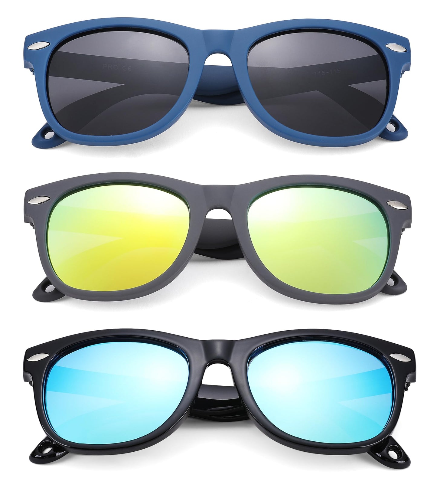 NULOOQ Polarized Baby Sunglasses with Strap - Unbreakable Flexible Infant Sunglasses for Toddlers Age 0-24 Months (Black/Blue + Gray/Gold + Black/Blue) - 3 Pack