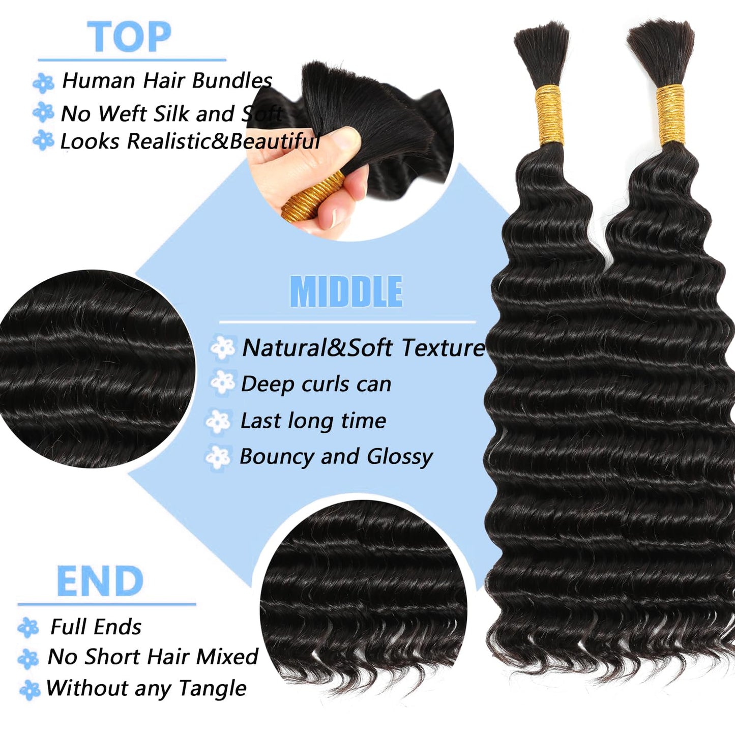 Human Braiding Hair 100g 20 Inch Deep Wave Bulk Human Hair Natural Black Wet and Wavy Human Hair Bundles for Braiding No Weft 12A Brazilian Virgin Human Hair